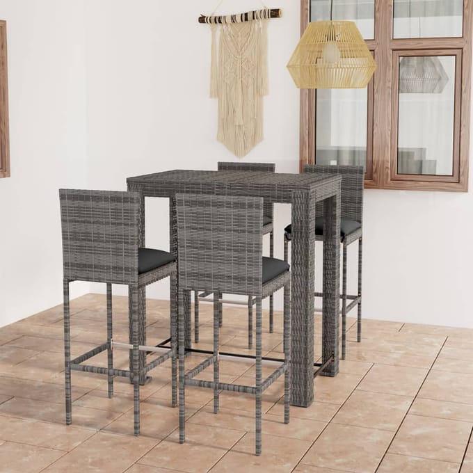 vidaXL - 5-delige - Tuinbarset - met - kussens - poly - rattan - grijs