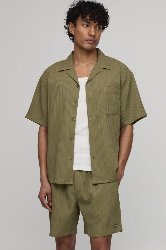 Oversized Korte Mouw Onregelmatige Plooishorts Set | Olive | Size XS