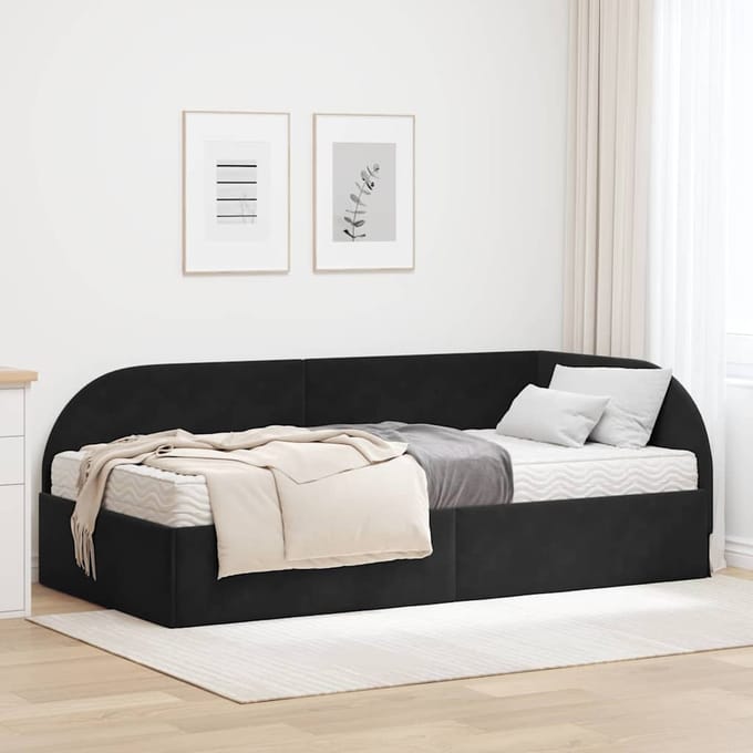 vidaXL - Hoekbedframe - met - Matras - 2 - st - Zwart - 90 - x - 190 - cm - Fluweel