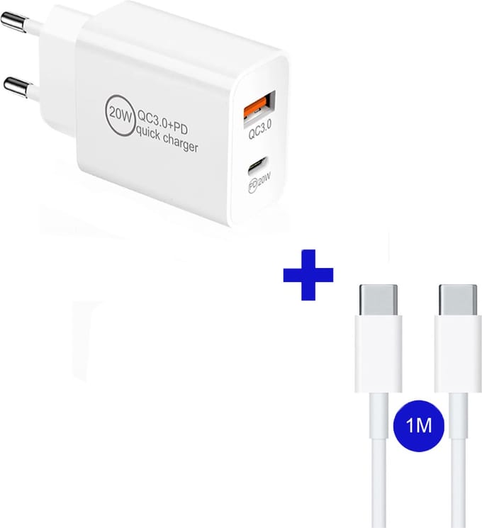 USB C Adapter + Kabel 1M - USB stekker 20W - geschikt voor al jouw USB-C Apparaten - Snellader - Oplader - Universeel - Lader
