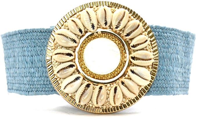 Elastische riem met schelpjes - Ibiza riem met schelpengesp - Boho riem elastisch met schelpen - Lengte 75 cm geschikt tot maat 80.