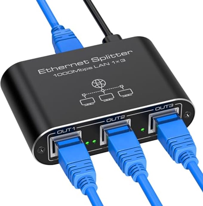 LAN Switch 1 to 3 - 1000Mbps Ethernet Splitter met USB-C Voedingskabel voor Computer, Router en Set-Top Box