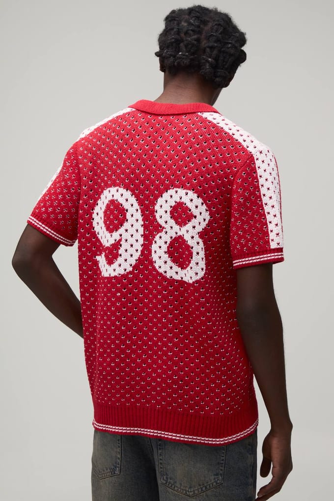 Regular Fit V Neck Football Open Stitch Knitted Polo | Red | Size Medium