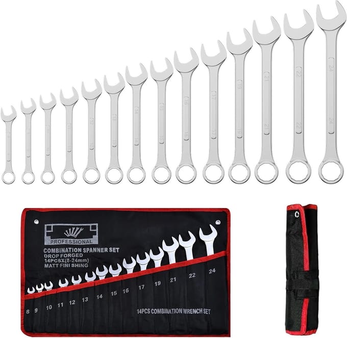 14-Piece Flat Ratchet Wrench Set - 8-24 mm Mixed Socket Spanner Set - Chrome Vanadium Steel - Roll-Up Bag Included
