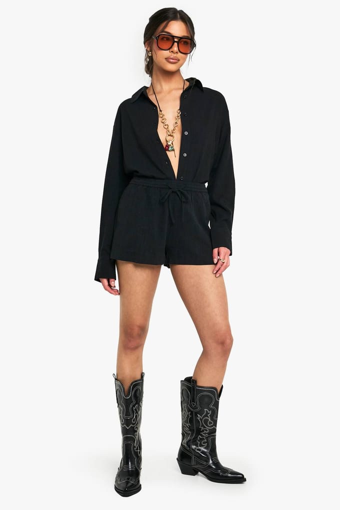 boohoo Dames Premium linnen oversized shirt | Black | Maat: 10