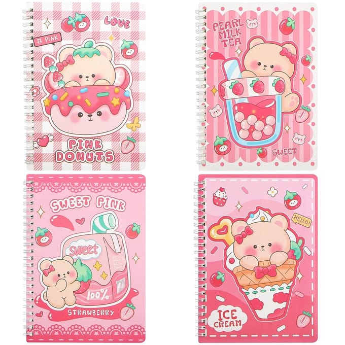 Dailygoods- Notitieboeken Set van 4 - Spiraalbinding - Roze Beer