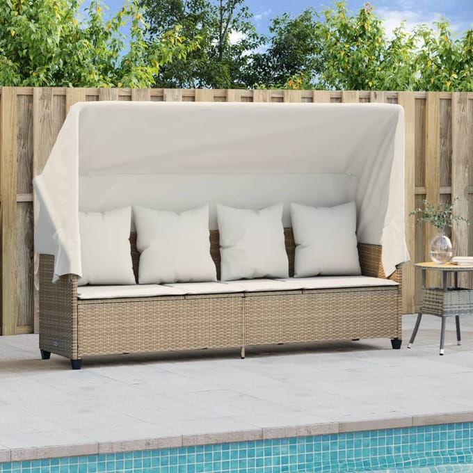 vidaXL - Ligbed - met - luifel - en - kussen - poly - rattan beige