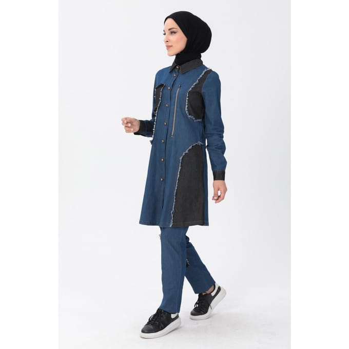 Rits Detail Hijab Denim Outfit Donkerblauw