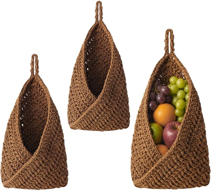 Macrame for Hanging Fruit Basket, 3-Piece with 3 Invisible Nails, Cotton Storage Basket, Fruit Basket, Wall Mounted - ShopVlot