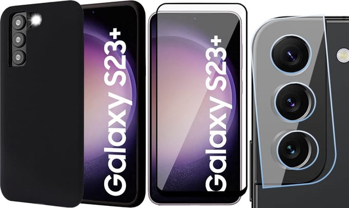 Hoesje geschikt voor Samsung Galaxy S23 Plus - Screenprotector FullGuard & Camera Lens Screen Protector - Back Cover Case SoftTouch Zwart