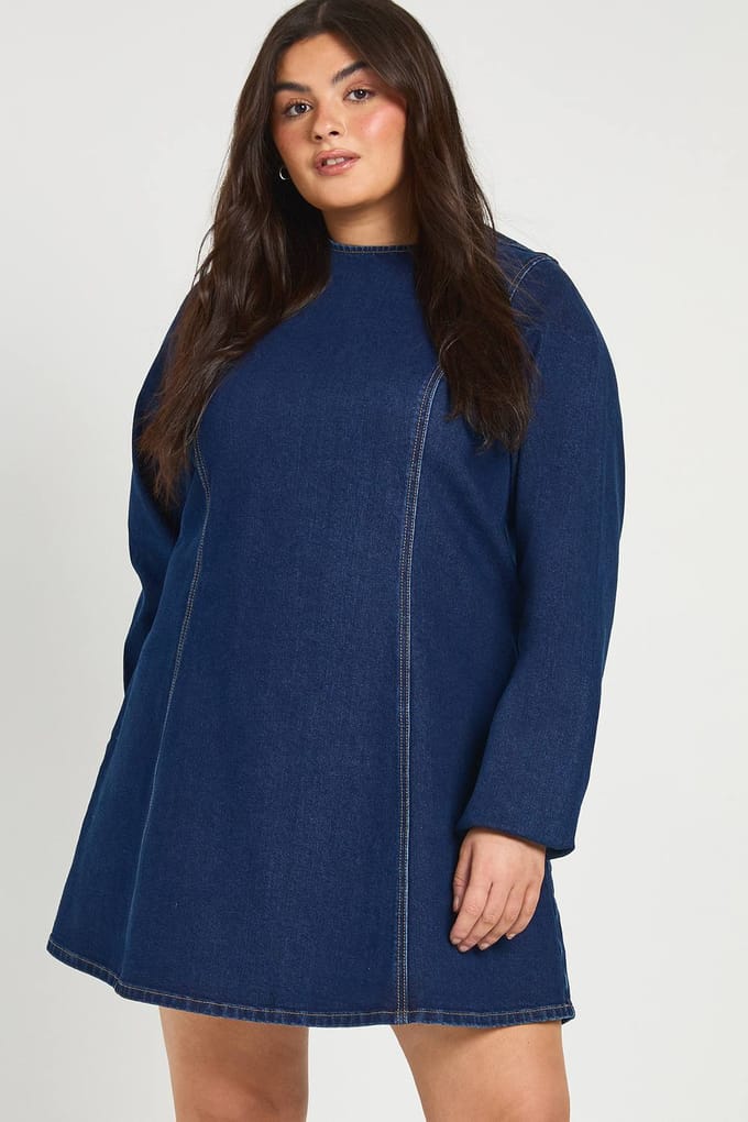 boohoo Dames Plus Denim Shift Jurk | Donker Indigo | Maat: 44