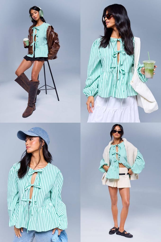boohoo Dames Green Stripe Tie Front Puff Long Sleeve Smock Top | Groente | Maat: 38