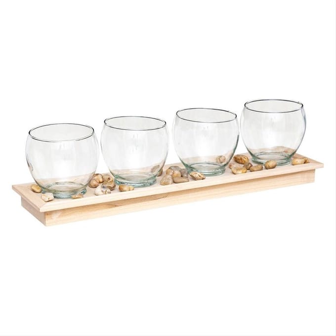 Fotophore Glas 4 kaarsen op houten dienblad - Plastic - Wit - SILUMEN