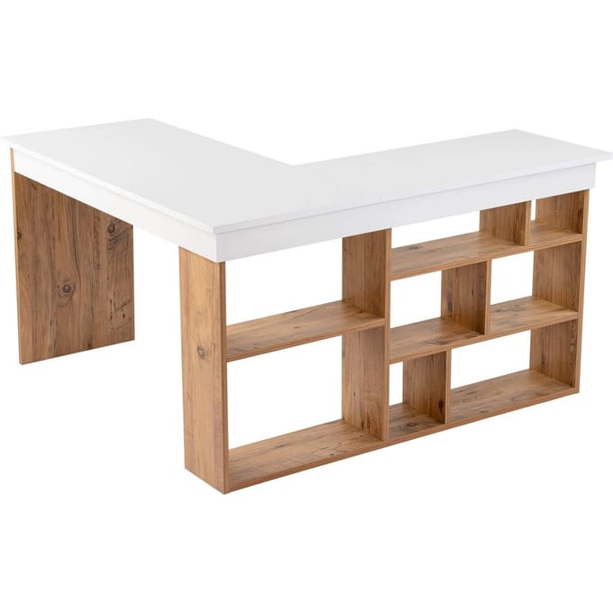 CALICOSY - Hoekbureau met opbergruimte, wit en Atlantisch den decor L130 cm - VESPER