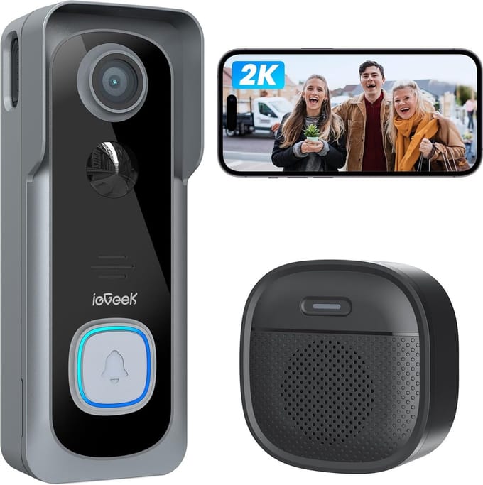 ieGeek Wifi-videodeurbel met camera - 2K HD - draadloze videodeurbel met gong - 2-weg audio - werkt met Alexa