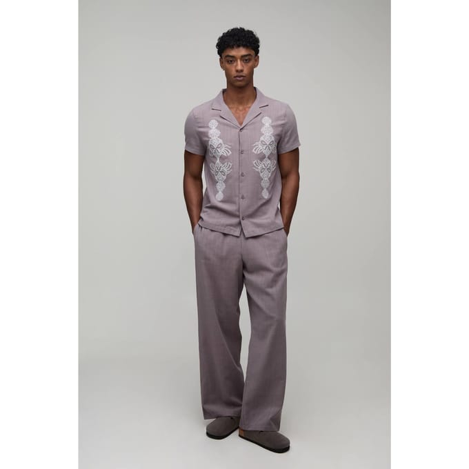 Textured Embroidered Regular Shirt & Wide Leg Trouser Set | Taupe | Size Medium