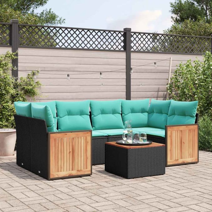 vidaXL - 7-delige - tuinbankset - met - kussens - van - zwart - polyrotan