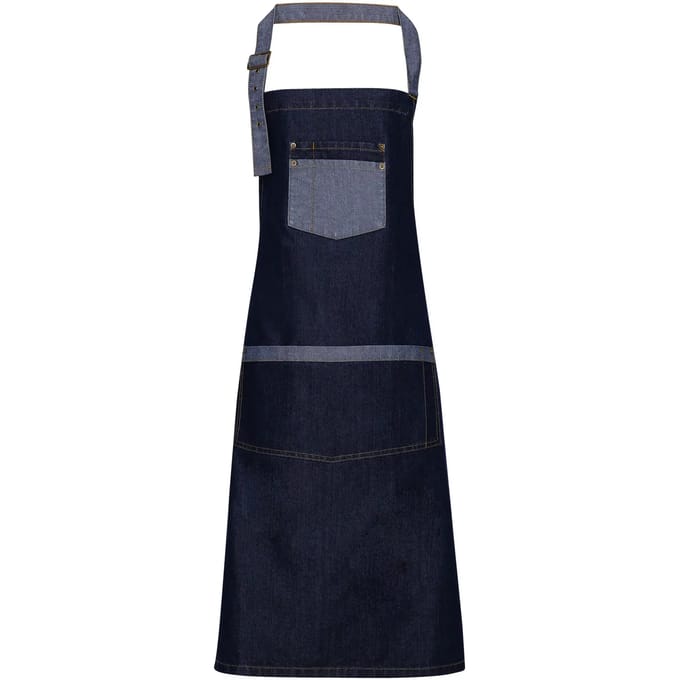 Premier Domain - Contrast denim bib apron PR127 - Indigo Denim - One size