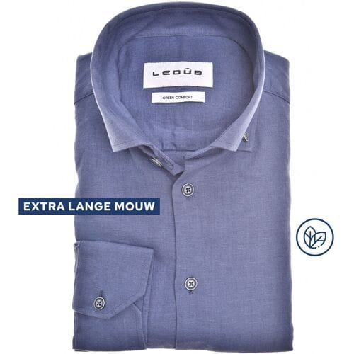 Ledûb Overhemd Solid Color Cotton-Linnen Blend Button-Down Extra Long Sleeve Mouwlengte 7 Midden Blauw / male