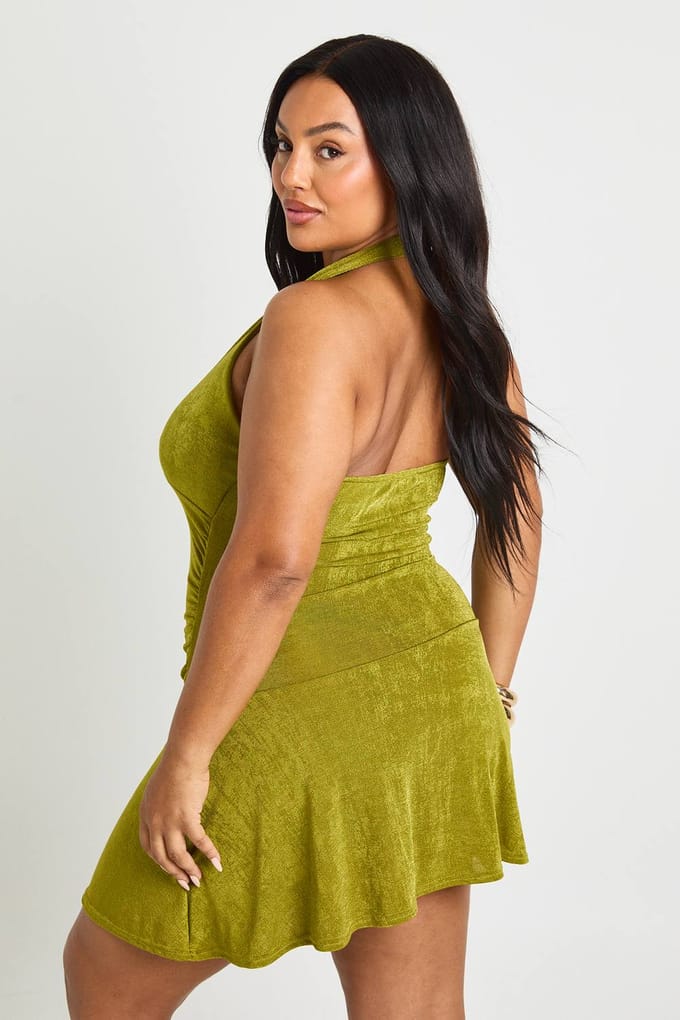 boohoo Dames plus getextureerde slinky mini-jurk met drop hem | Chartreuse | Maat: 44