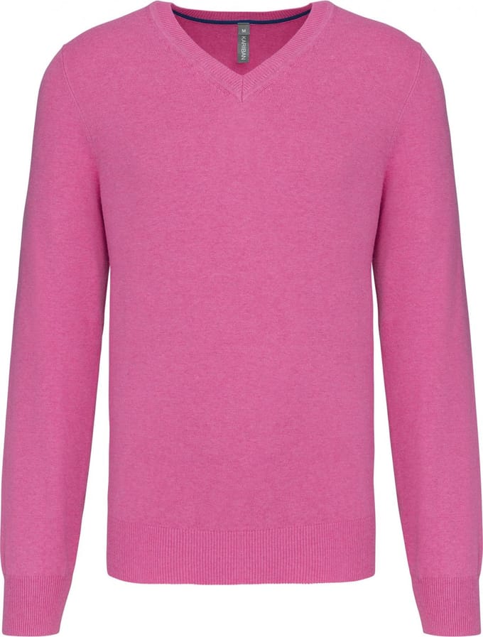 Pullover/Cardigan Heren L Kariban V-hals Lange mouw Candy Pink Heather 87% Katoen, 11% Polyamide, 2% Elasthan