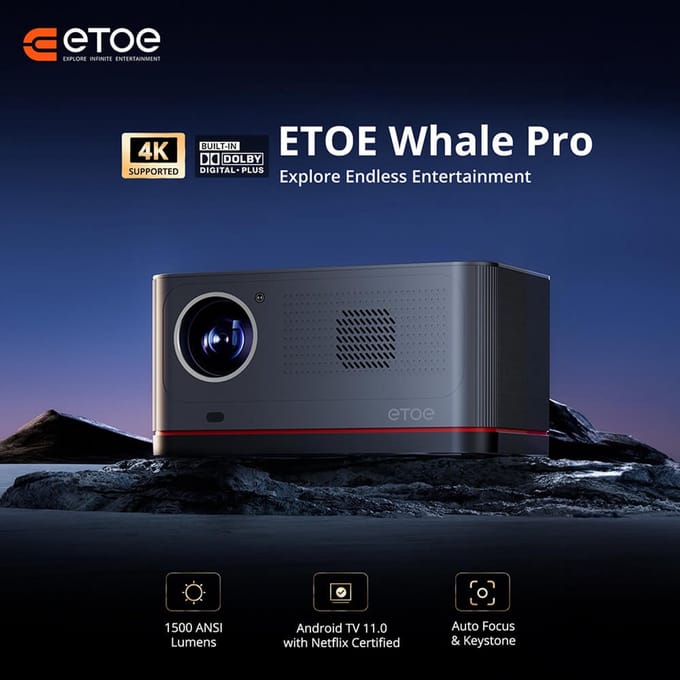ETOE Whale Pro Projector, Android TV 11.0, 1500 ANSI, 1080P Native 4K Decoding, Auto Focus/Keystone, Dual Band WiFi, Dolby Audio, Home Theater​