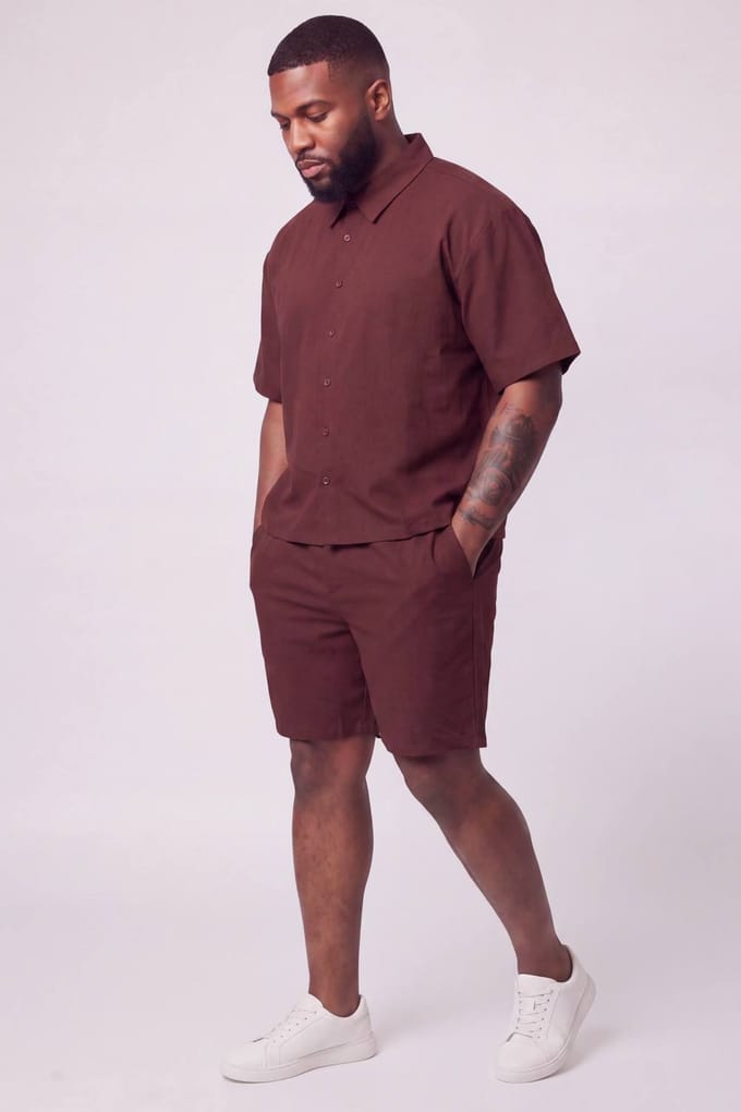 Plus Katoenen Gaas Oversized Boxy Shirt En Relaxed Short Set | Chocolate | Size 2XL