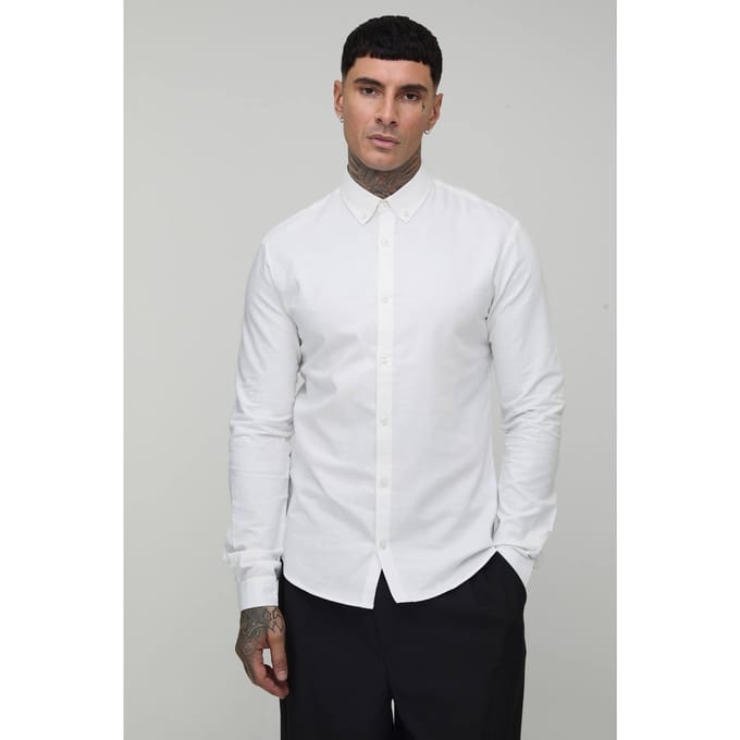 Lang Slim Fit Overhemd met Knoopsluiting en Oxford Lange Mouwen | White | Size Medium