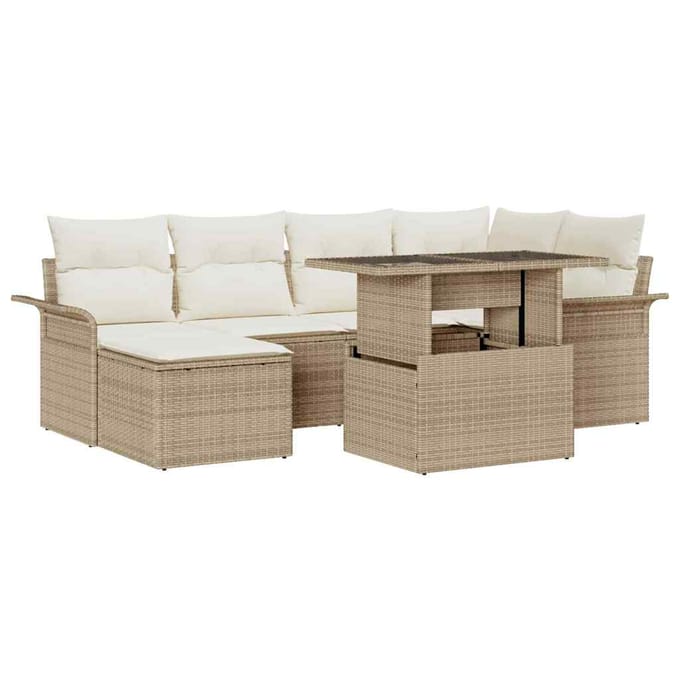 vidaXL Tuinbank Set met kussen met opslag 7 pcs Beige Poly rattan