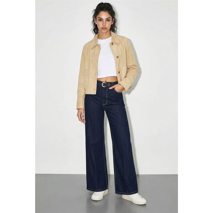 Hoge Taille Wijde Denim Broek met Riem