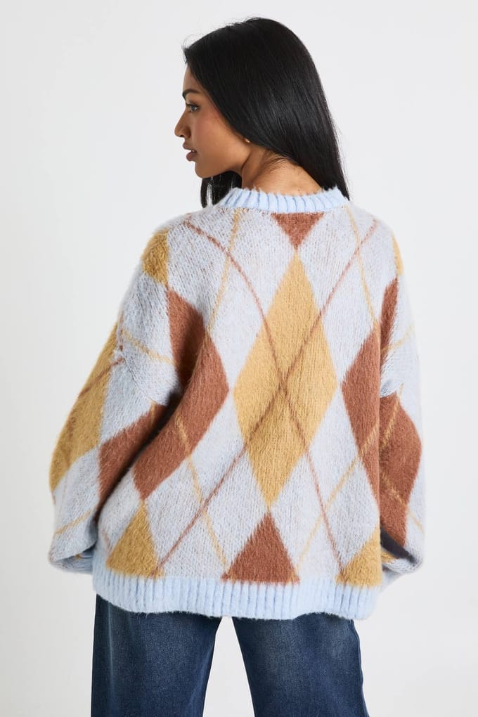 boohoo Dames Super Zachte Argyle Gebreide Trui | Babyblauw | Maat: Medium
