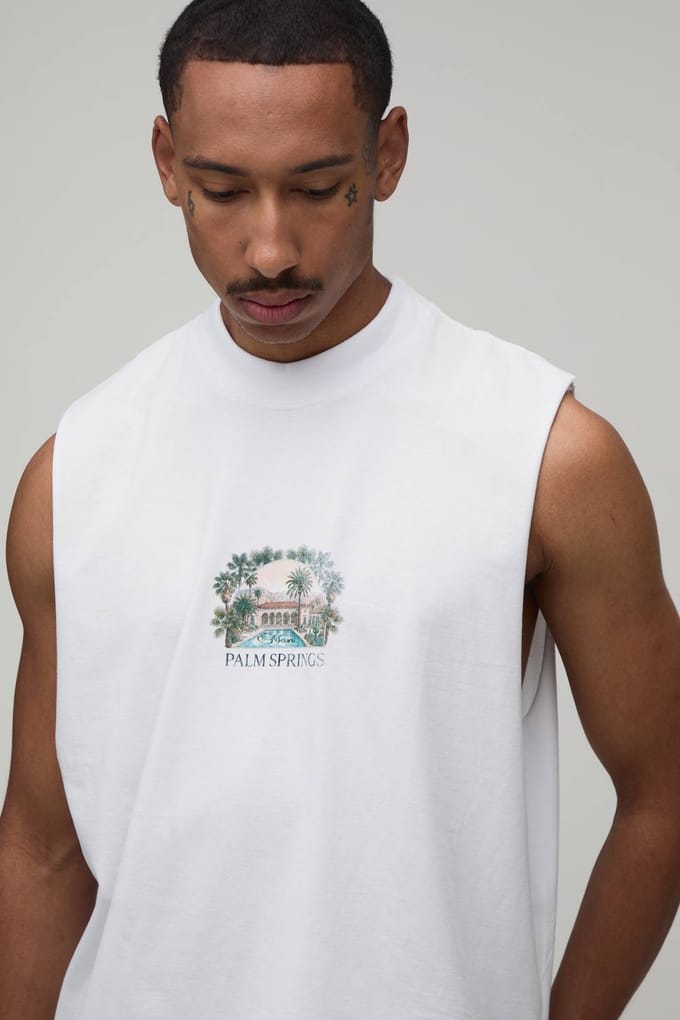 Wit Oversized Boxy Tanktop Met Palm Springs Print | White | Size Medium
