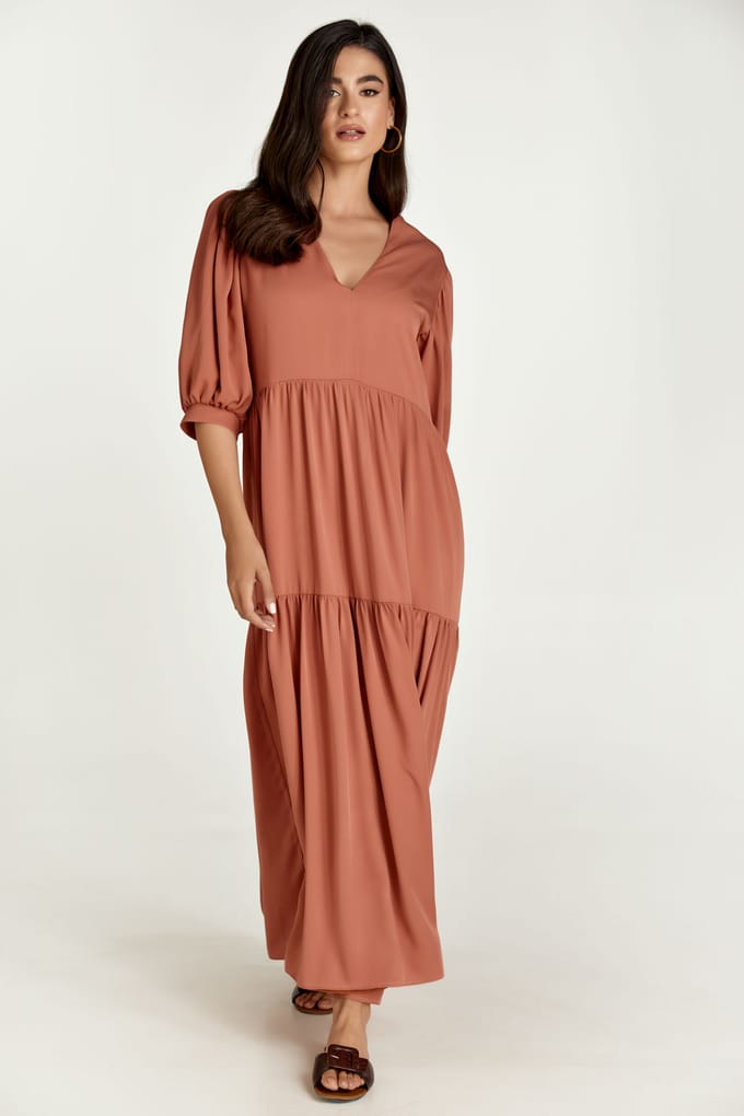 Terracotta V Hals Maxi Jurk