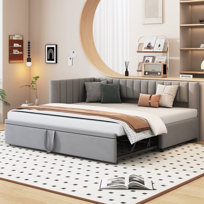 Slaapbank - 90/180x200 cm - L-vorm met Uitschuifbed - Fluweel - Grijs