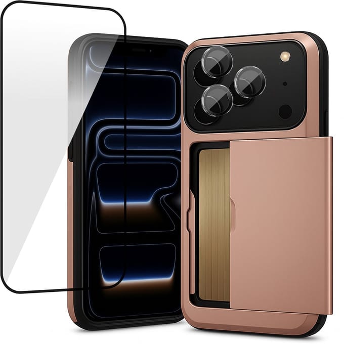 Hoesje met Pasjeshouder geschikt voor iPhone 17 Pro Max - Screenprotector FullGuard & Camera Lens Screen Protector Zwart - Back Cover SlideCase Roségoud