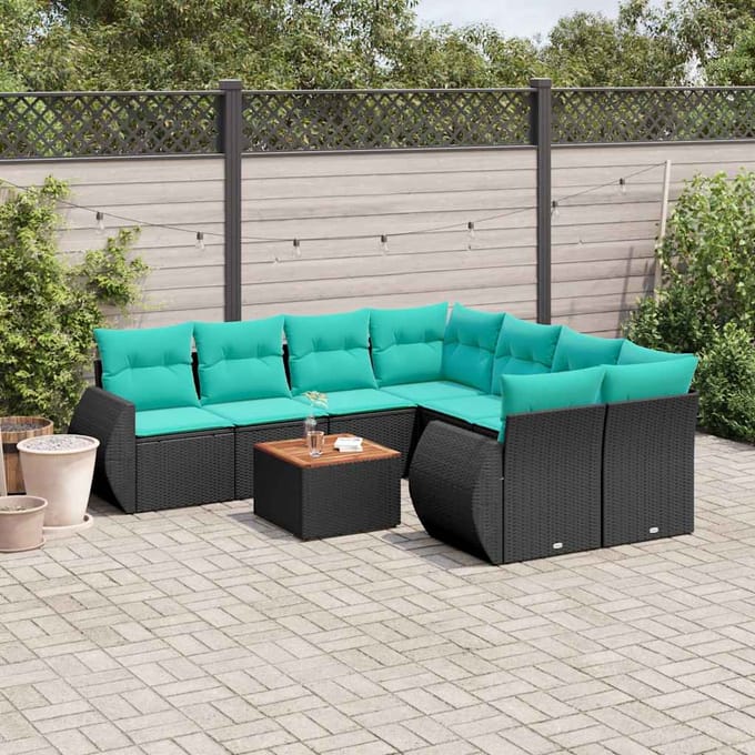 vidaXL - 9-delige - tuinbankset - met - kussens - van - zwart - polyrotan