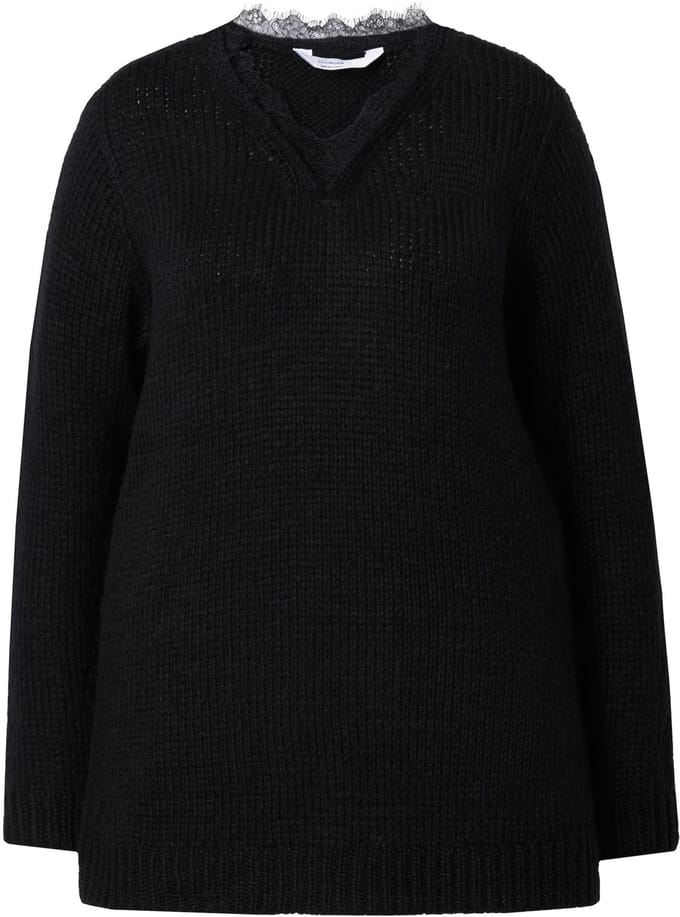 MIAMODA - Dames - Trui classic fit grof breisel hals met kant - Zwart - Maat 46+