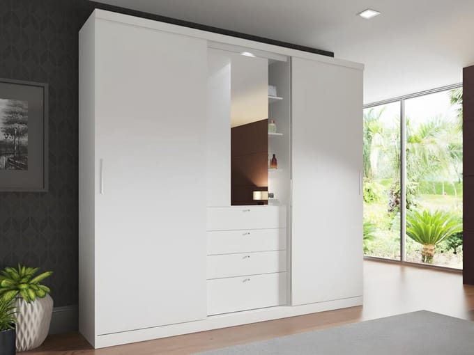 Vente-unique Kledingkast - Schuifdeuren - Spiegel en lades - L 240 cm - Wit - BODIL