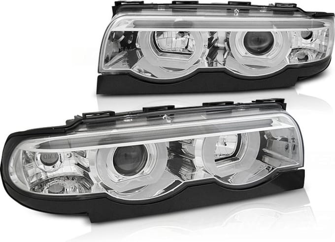 Koplampen dual halo rims BMW E38 94-01 ANGEL EYES 3D CHROOM