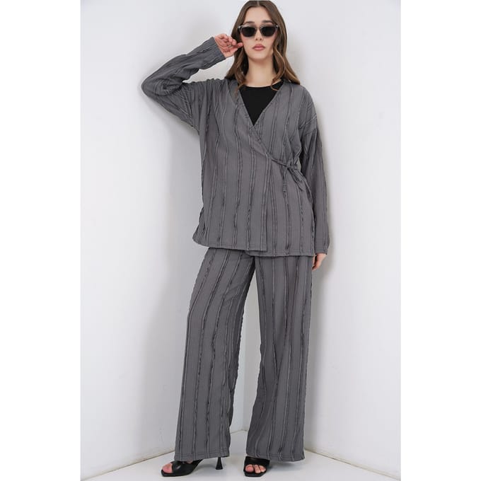 Geverfde V-hals met Strikdetail Kimono & Wijde Broek Set