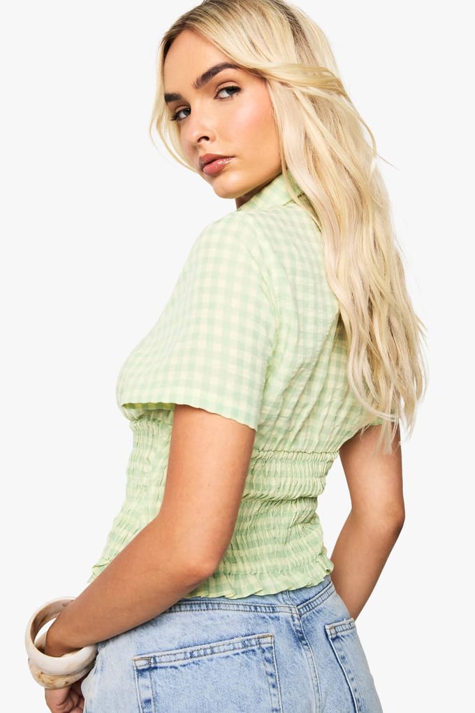boohoo Dames Gingham shirt met geraffelde taille | Groente | Maat: 38