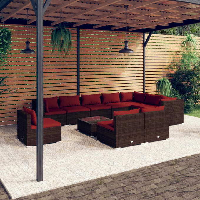 vidaXL - 11-delige - Loungeset - met - kussens - poly - rattan - bruin