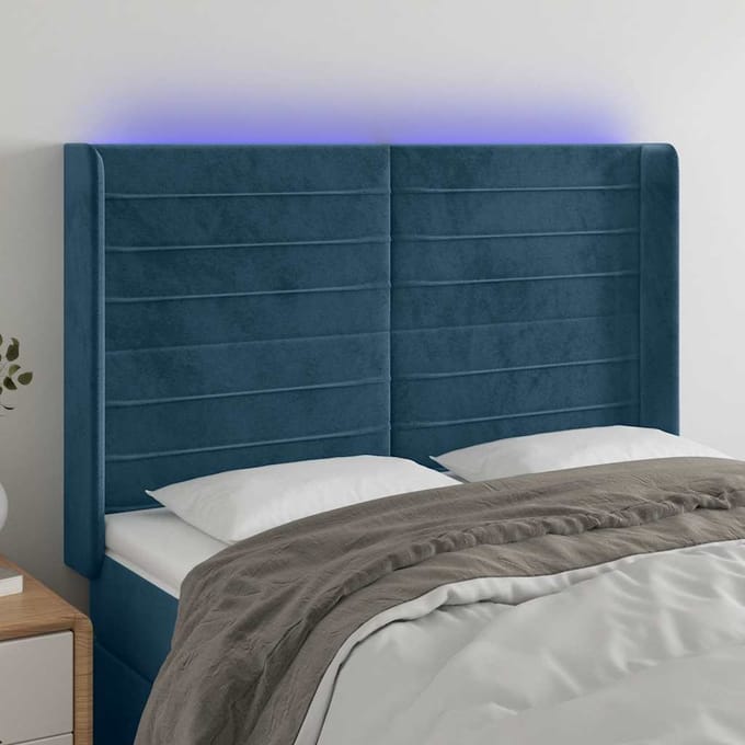 vidaXL - Hoofdbord - LED - 147x16x118/128 - cm - fluweel - donkerblauw
