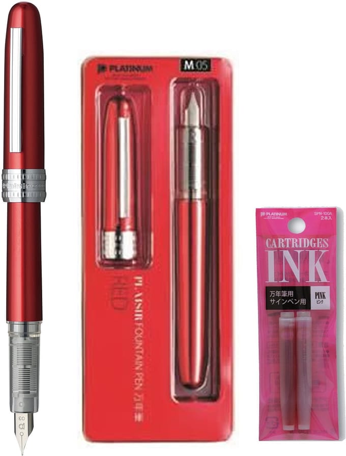 Platinum Japan - Plaisir Fountain Pen - Medium - Vulpen - Rood - penpunt: Medium 05 - Met extra vullingen Roze