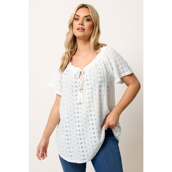 Yours Witte Top Met Strik En Broderie Anglaise Size 50-52