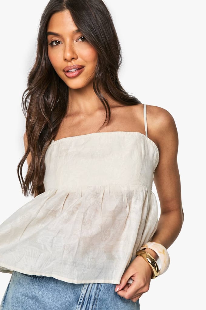 boohoo Dames Geweven Jacquard Peplum Cami | Creme | Maat: 38