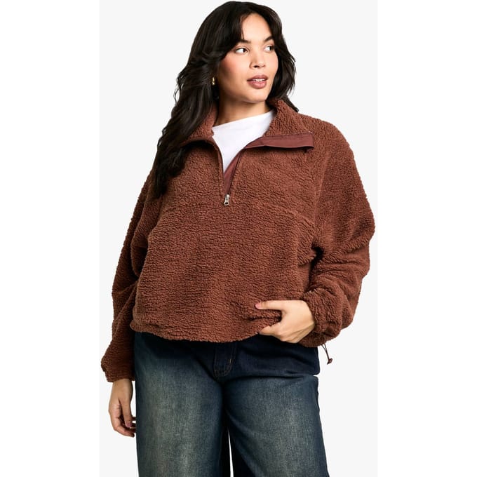 boohoo Dames PLUS HALF ZIP ZijZAK OVERSIZED BORG SWEATSHIRT | Chocolate | Maat: 20
