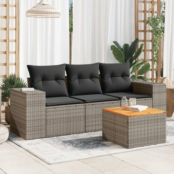 vidaXL - 4-delige - Loungeset - met - kussens - poly - rattan - grijs
