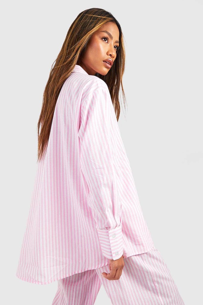 boohoo Dames Katoenen Pinstripe Oversized Pyjama Overhemd | Pink | Maat: 6