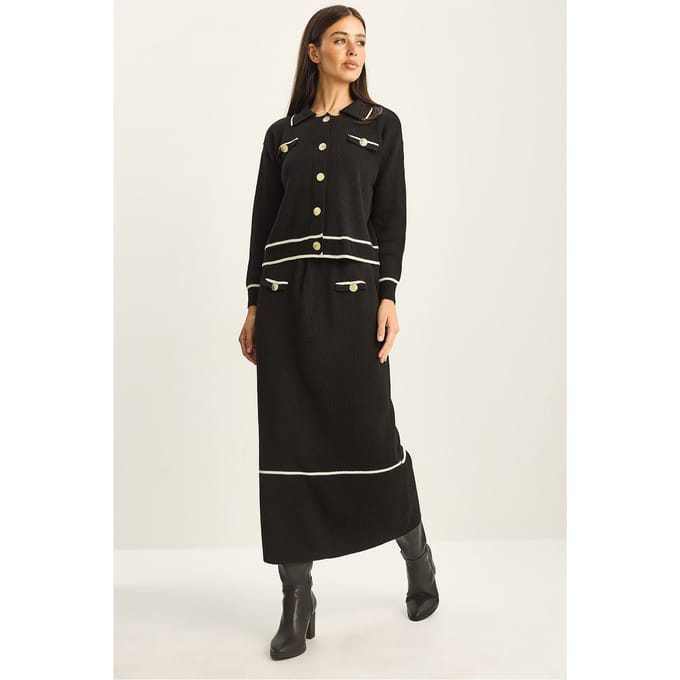 Geribbelde Brei Midi Tweedelige Set met Knoopsluiting